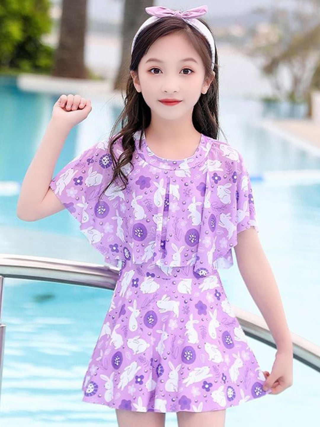 

YK Girls Printed Swim Dress, Purple