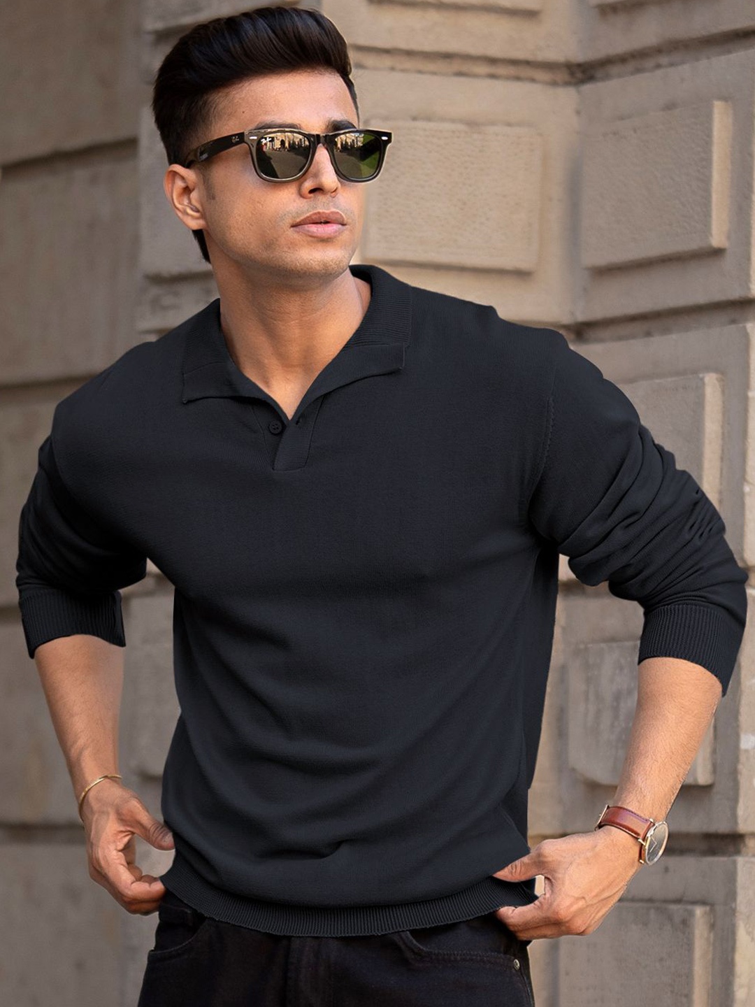 

Powerlook Men Solid Polo Collar Cotton T-shirt, Black