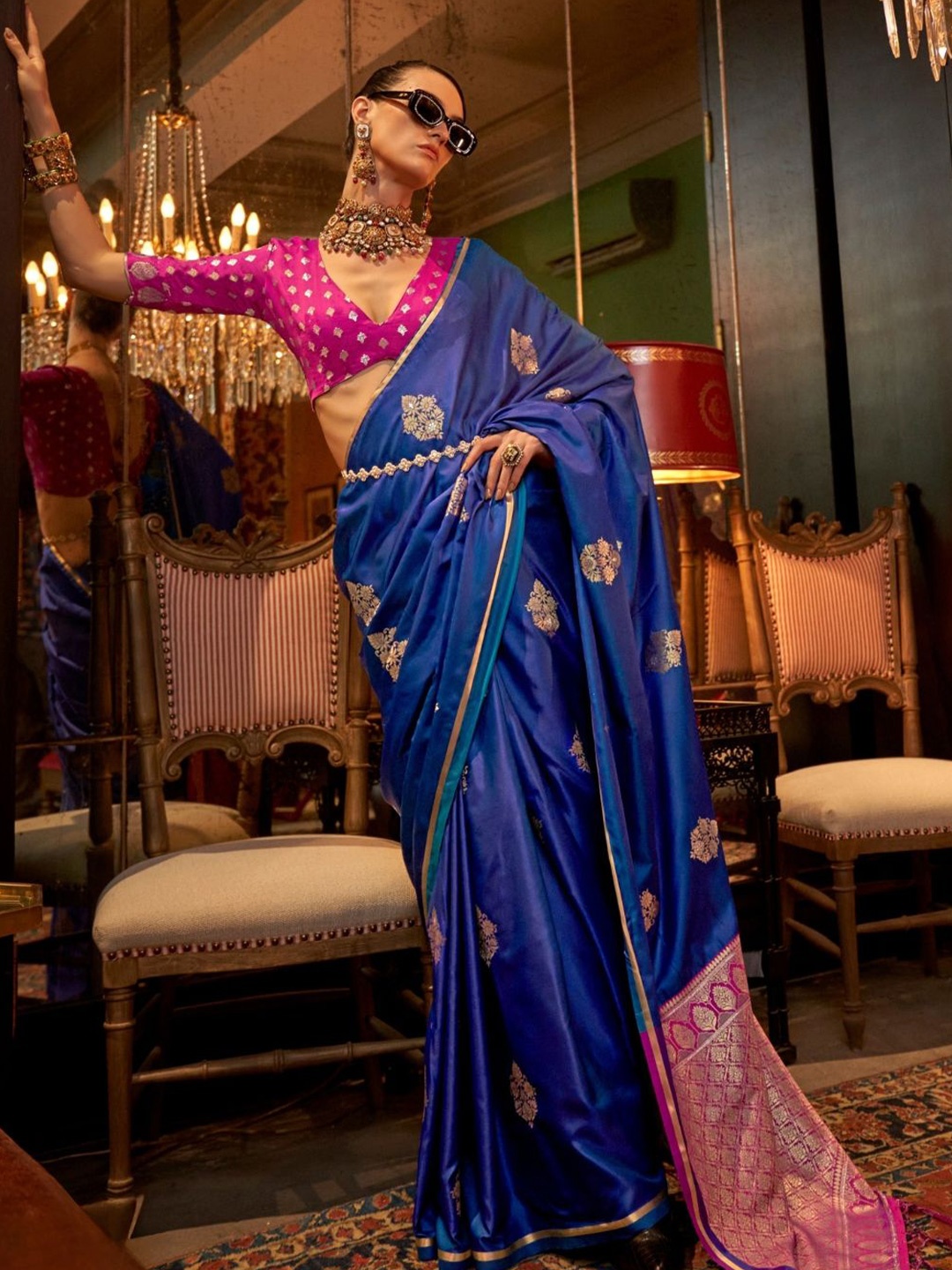 

BLENDIFY Woven Design Zari Satin Banarasi Saree, Blue