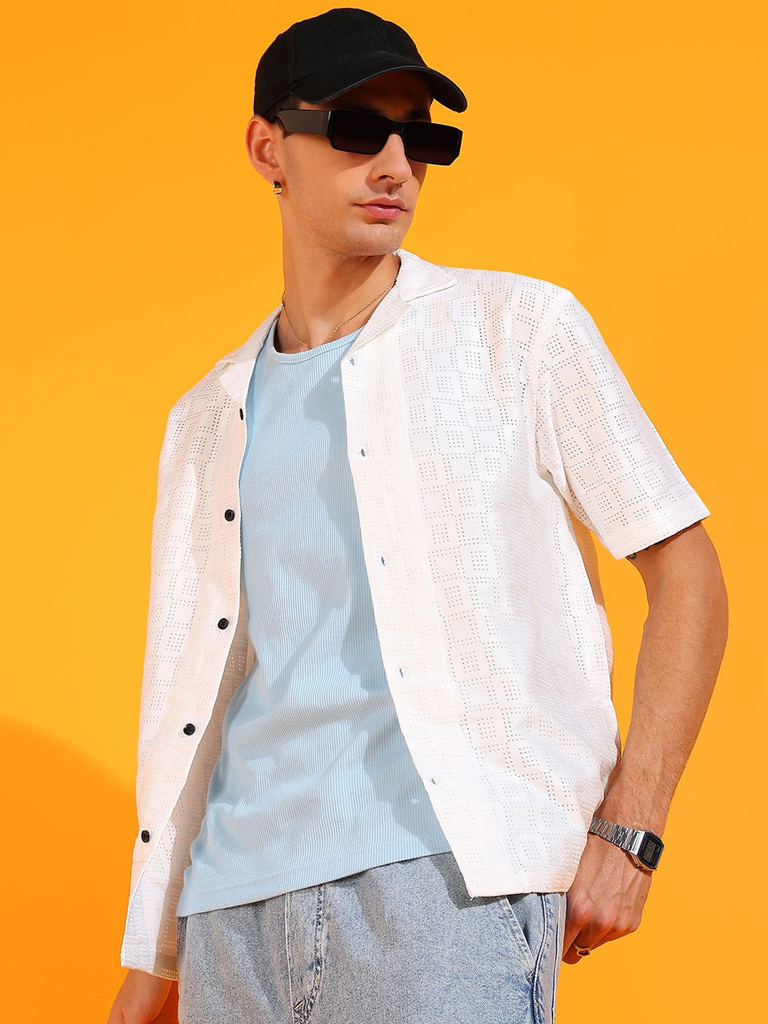 

INDICLUB Men Relaxed Fit Cuban Collar Textured Casual Shirt, White