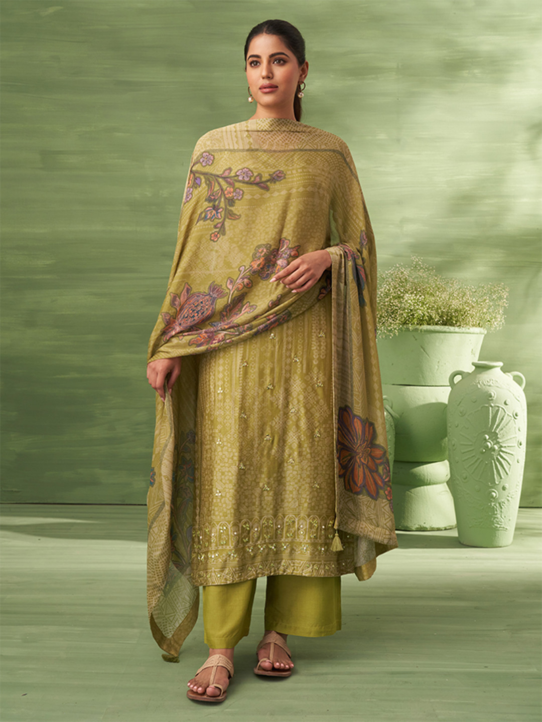 

SAUNDH Geometric Printed Unstitched Dress Material, Olive