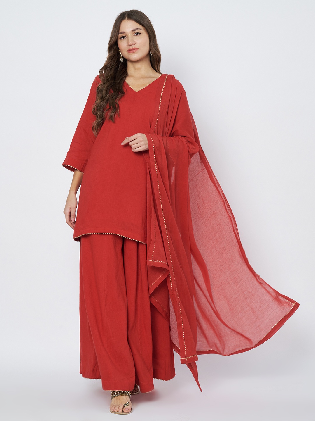 

BCZ Style V-Neck Pure Cotton Straight Kurta With Palazzo & Dupatta, Red