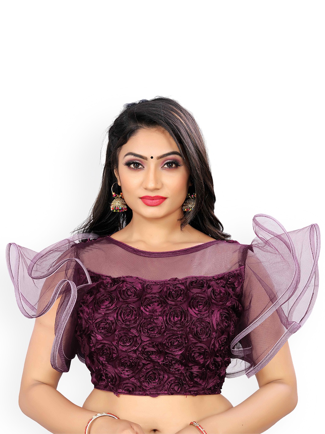 

HERE&NOW Women Embroidered Net Saree Blouse, Purple