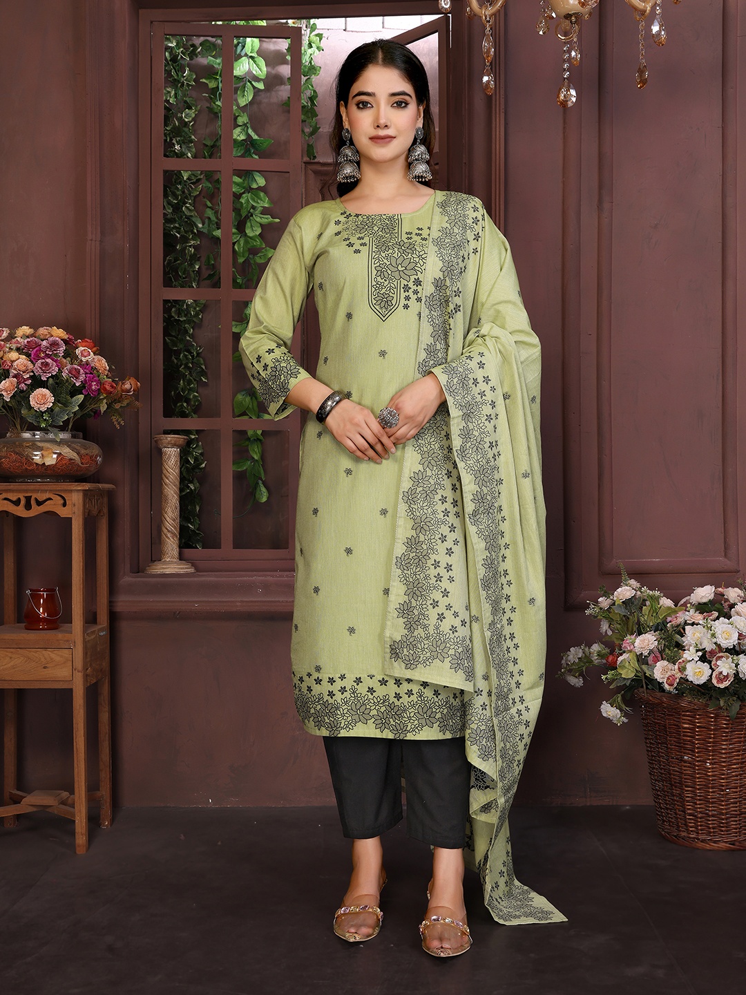 

Royal Export Floral Printed Round Neck Straight Kurta With Trouser & Dupatta, Olive