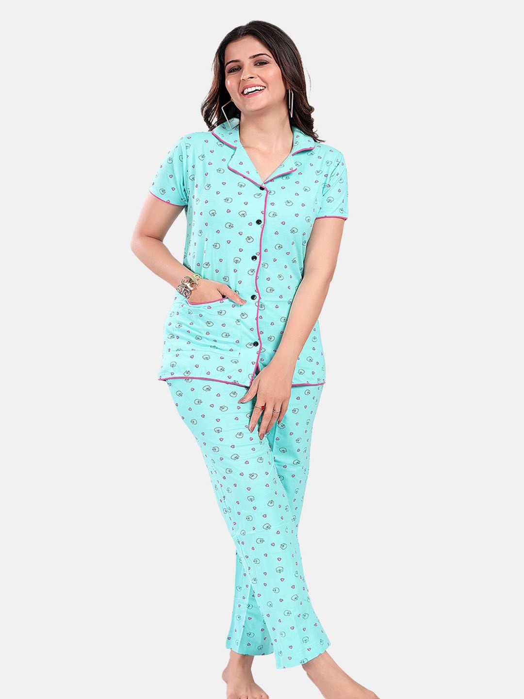 

SWEET MOON Printed Short Sleeves Shirt With Pyjama, Blue