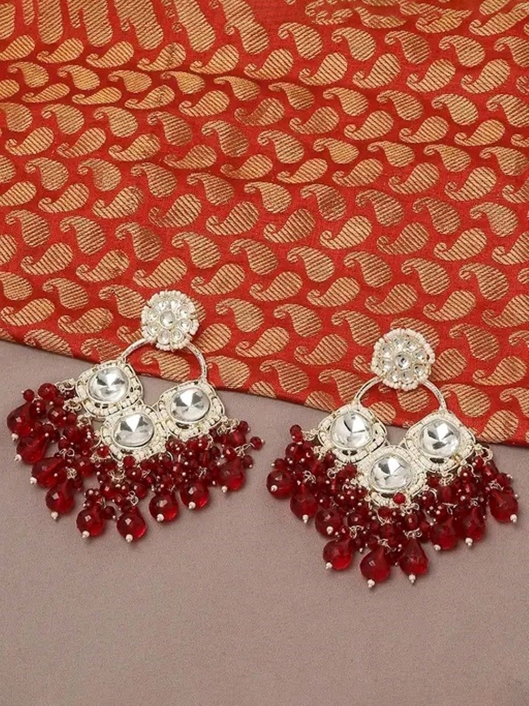 

MADDY SPACE Silver-Plated Artificial Stones Studded And Beaded Drop Earrings, Red