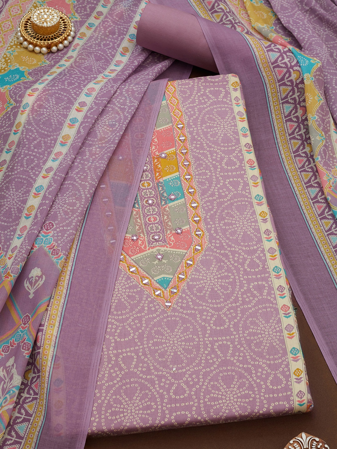 

Soch Bandhani Printed Mirror Work Unstitched Dress Material, Lavender