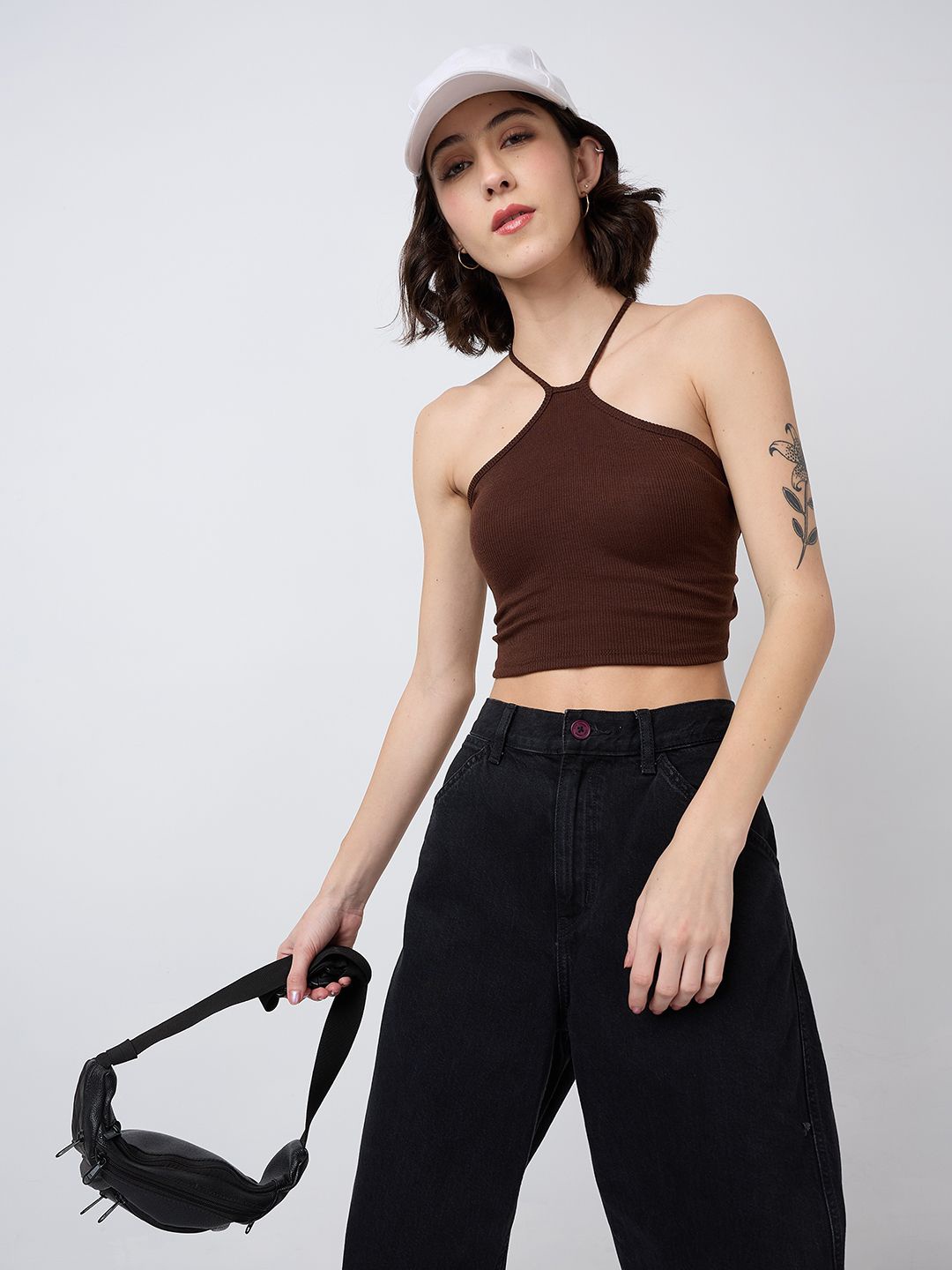 

SZN Women Ribbed Fitted Crop Top, Brown