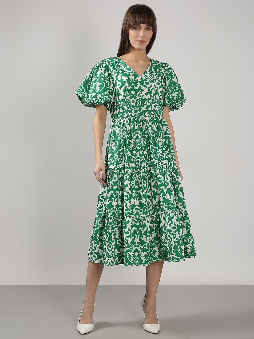 

Vero Moda Print Puff Sleeve Fit & Flare Midi Dress, Green