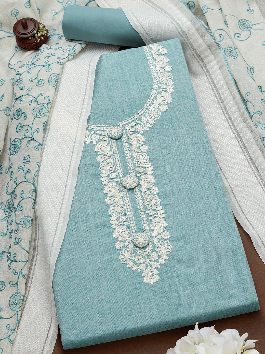 

Soch Floral Embroidered Thread Work Unstitched Dress Material, Blue