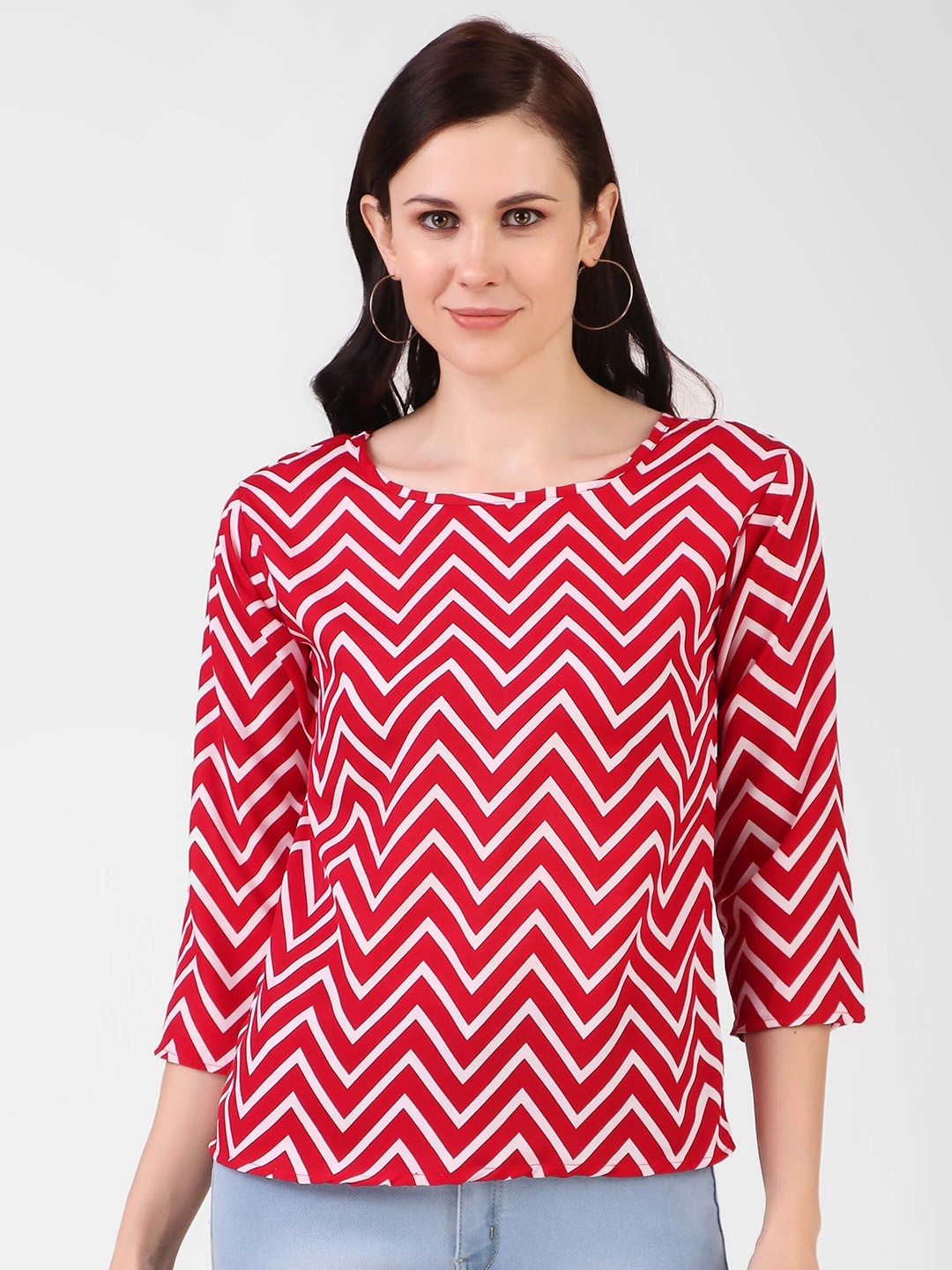 

KASHIAN Geometric Print Square Neck Regular Sleeves Top, Red