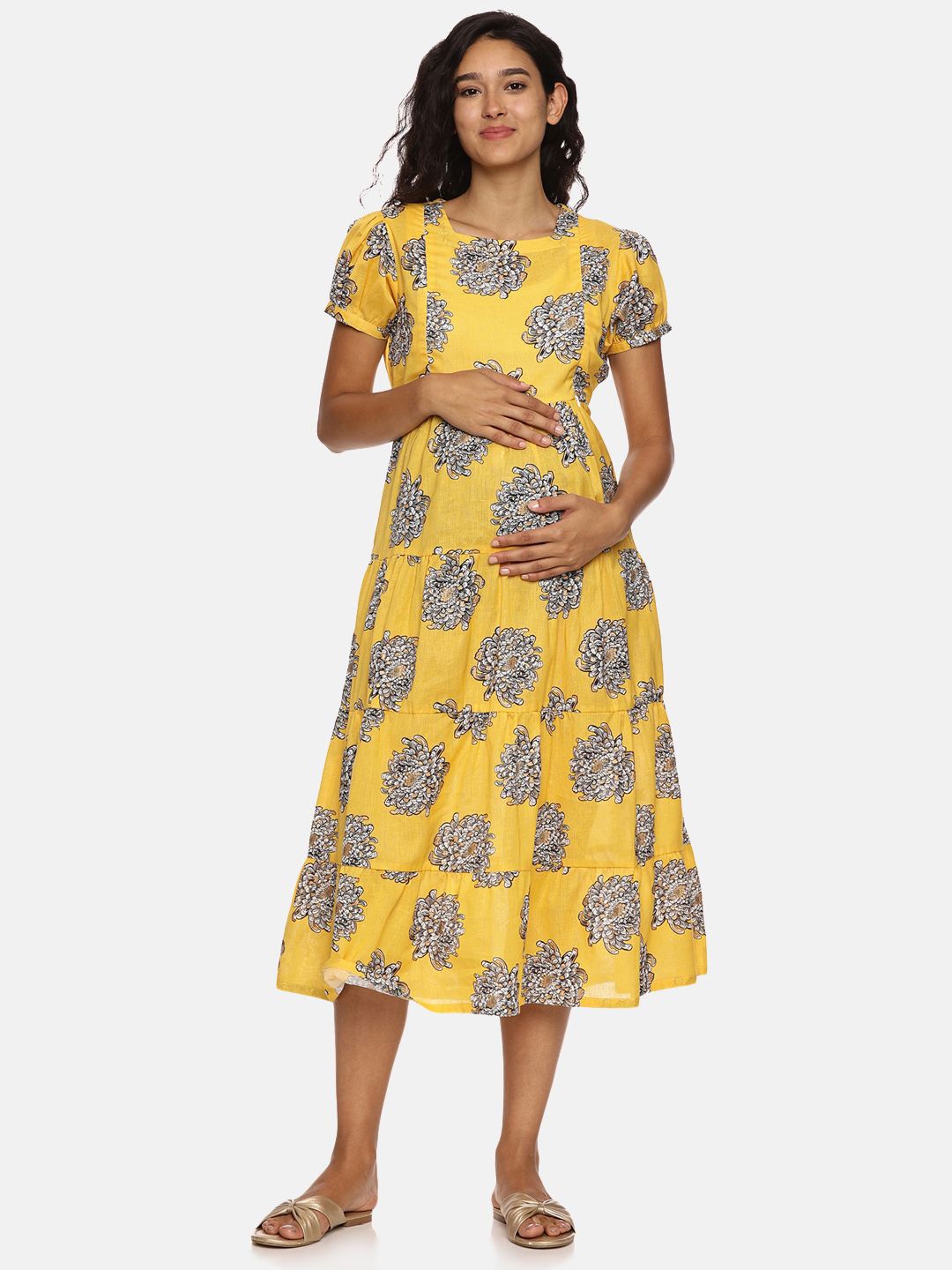 

Nejo Floral Print Puff Sleeve Maternity Fit & Flare Midi Dress, Yellow