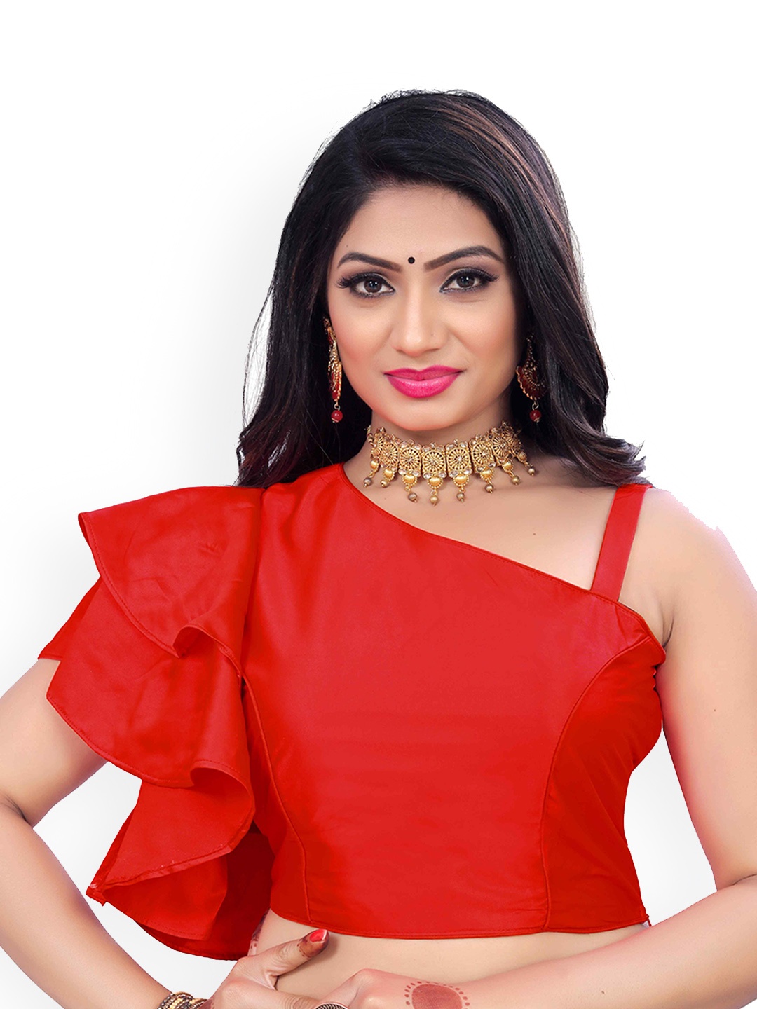 

HERE&NOW Women One Side Shoulder Party Wear Flir Saree Blouse, Red