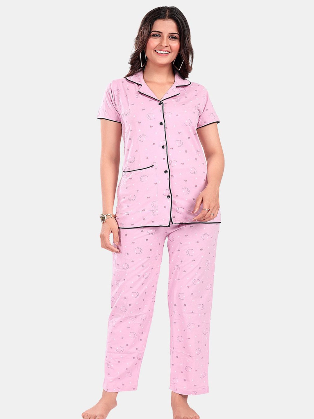 

SWEET MOON Printed Short Sleeves Shirt With Pyjama, Pink