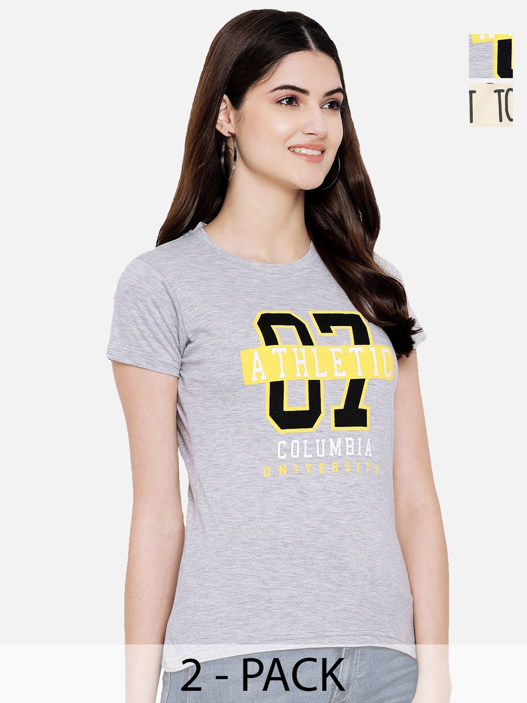 

Dreambe Women Pack Of 2 Graphic Printed Round Neck Cotton T-shirts, Grey