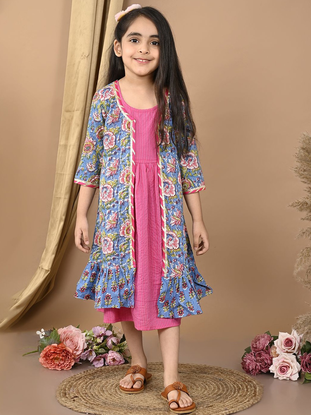 

Here&Now X Kinder Kids Girls Printed Cotton Ethnic Dress With Jacket, Pink