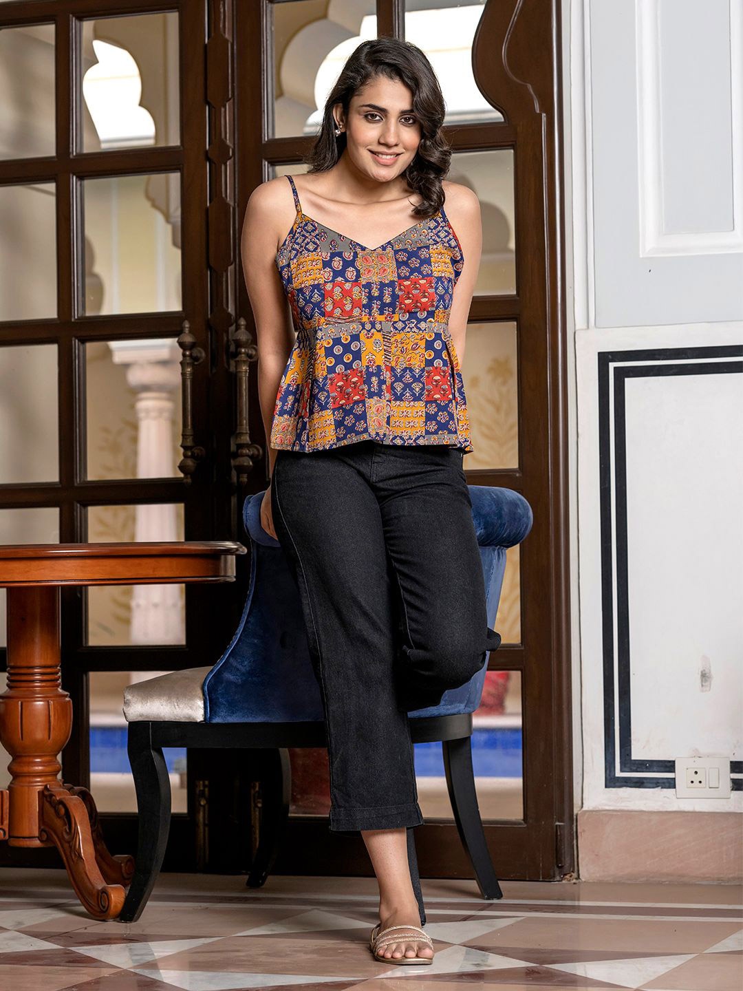 

CORSICA Women Ethnic Motifs Printed Cotton Peplum Top, Blue