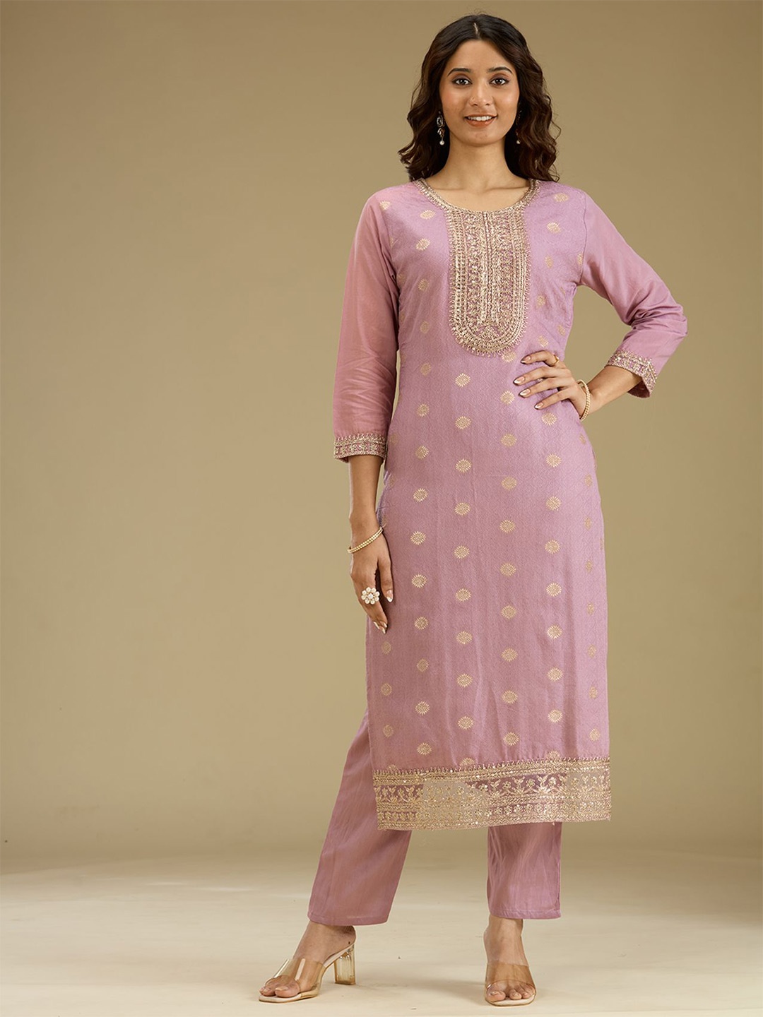 

Koskii Women Woven Design Regular Thread Work Kurta with Trouser & Dupatta, Lavender