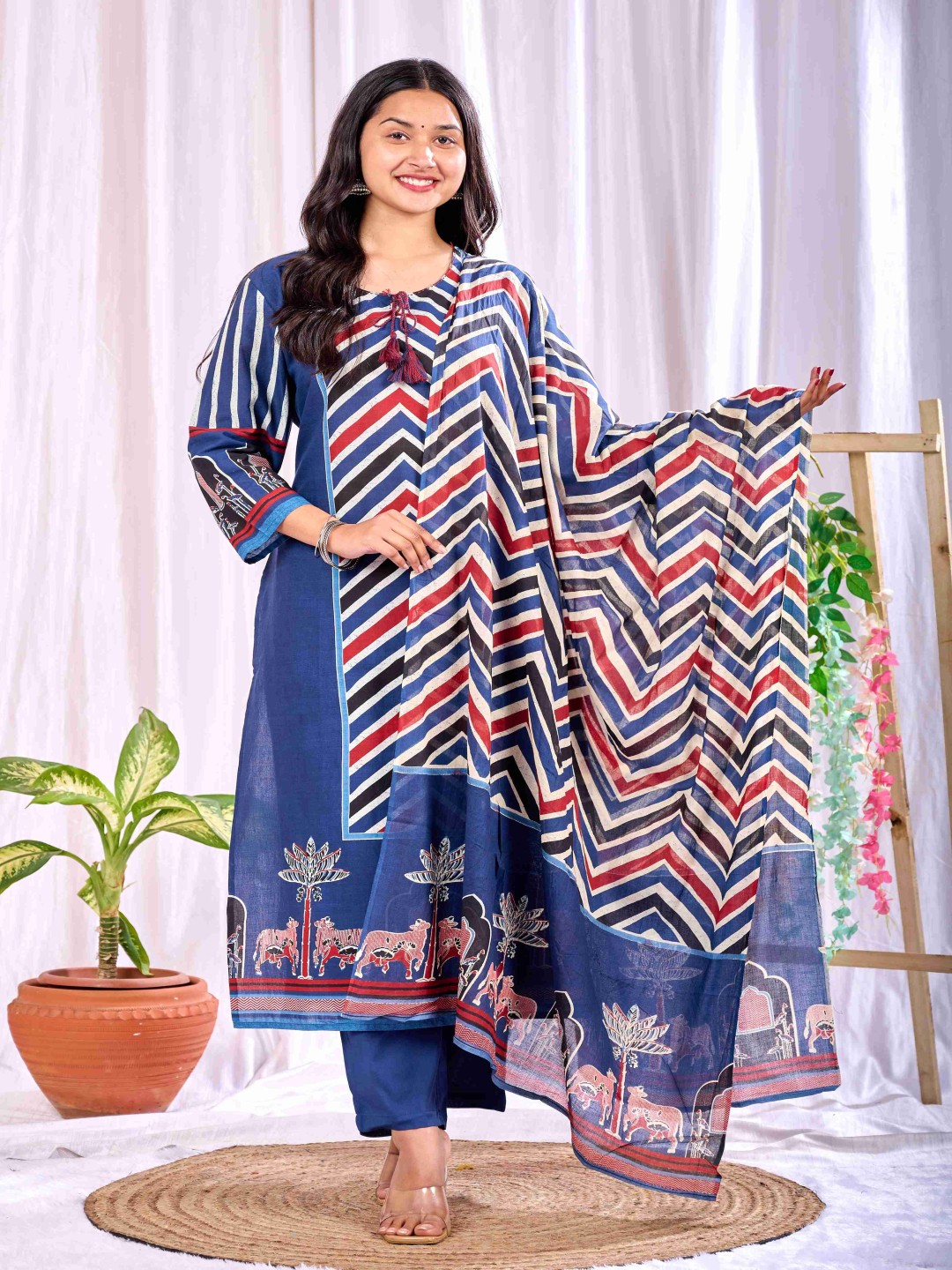 

MissKurti Chevron Printed Round Neck Pure Cotton Straight Kurta With Trouser & Dupatta, Blue
