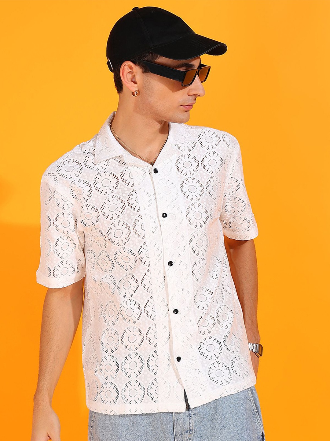 

INDICLUB Men Relaxed Fit Cuban Collar Textured Casual Shirt, White