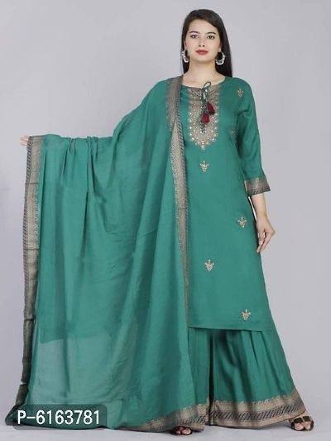 

Rujave Ethnic Motifs Woven Design Key Hole Neck Pure Cotton Kurta With Sharara & Dupatta, Green