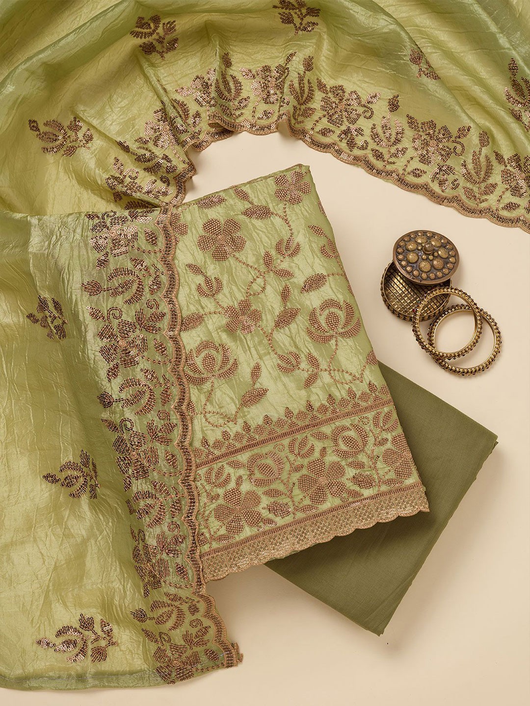 

Koskii Floral Embroidered Zariwork Raw Silk Unstitched Salwar Suit, Green
