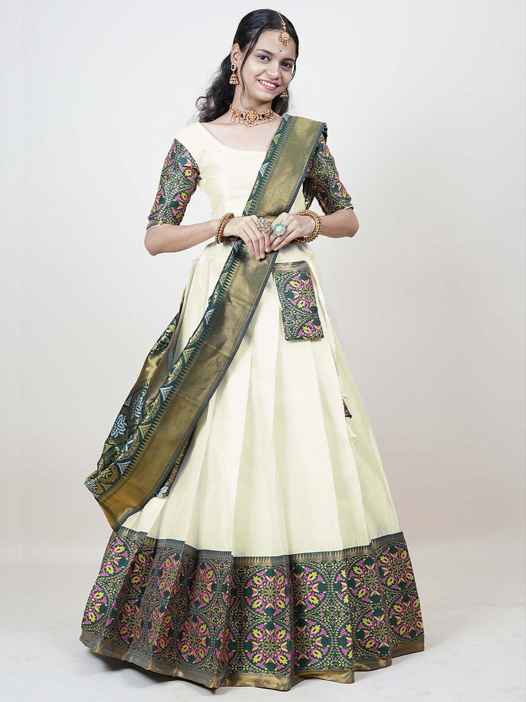 

MAGMINA Woven Design Zari Lichi Silk Unstitched Lehenga With Blouse & Dupatta, White
