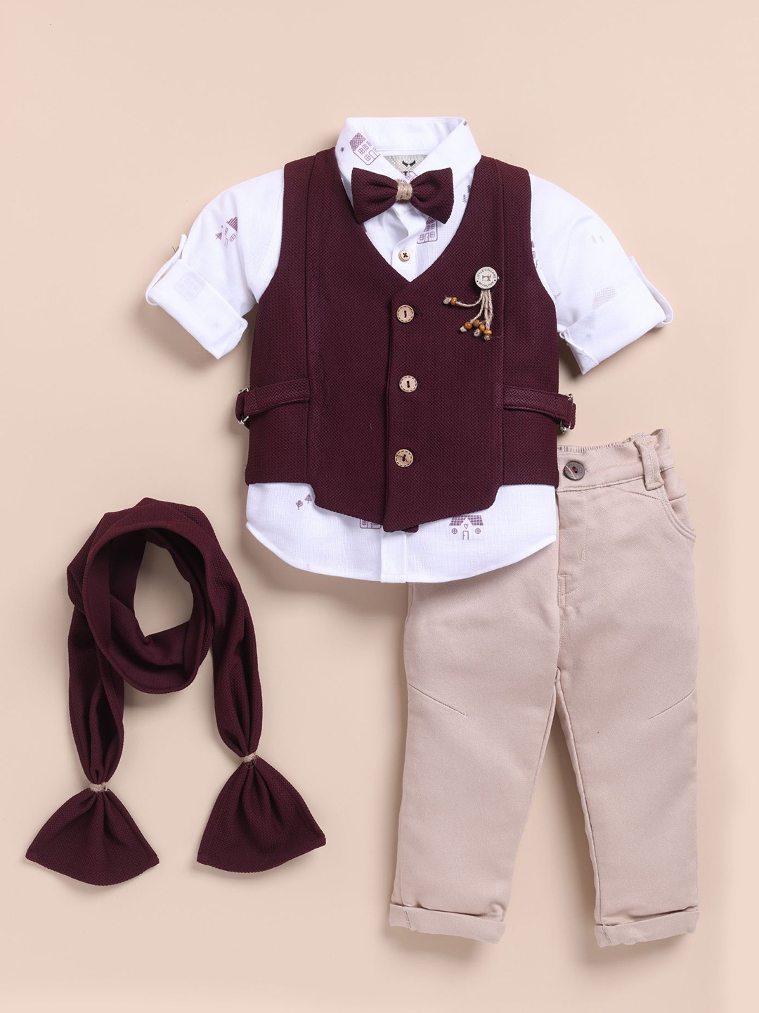 

LITTLE COLLARS Boys Collarless Single-Breasted 5-Pieces Suits, Maroon