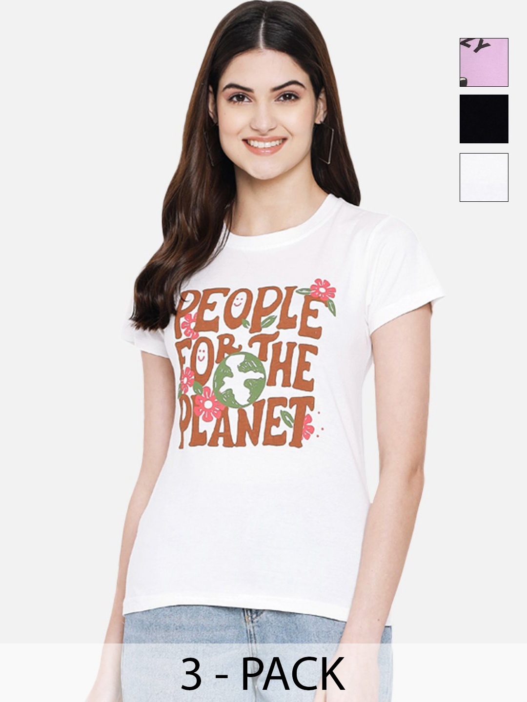 

Dreambe Women Pack Of 3 Typography Printed Round Neck Cotton T-shirts, White