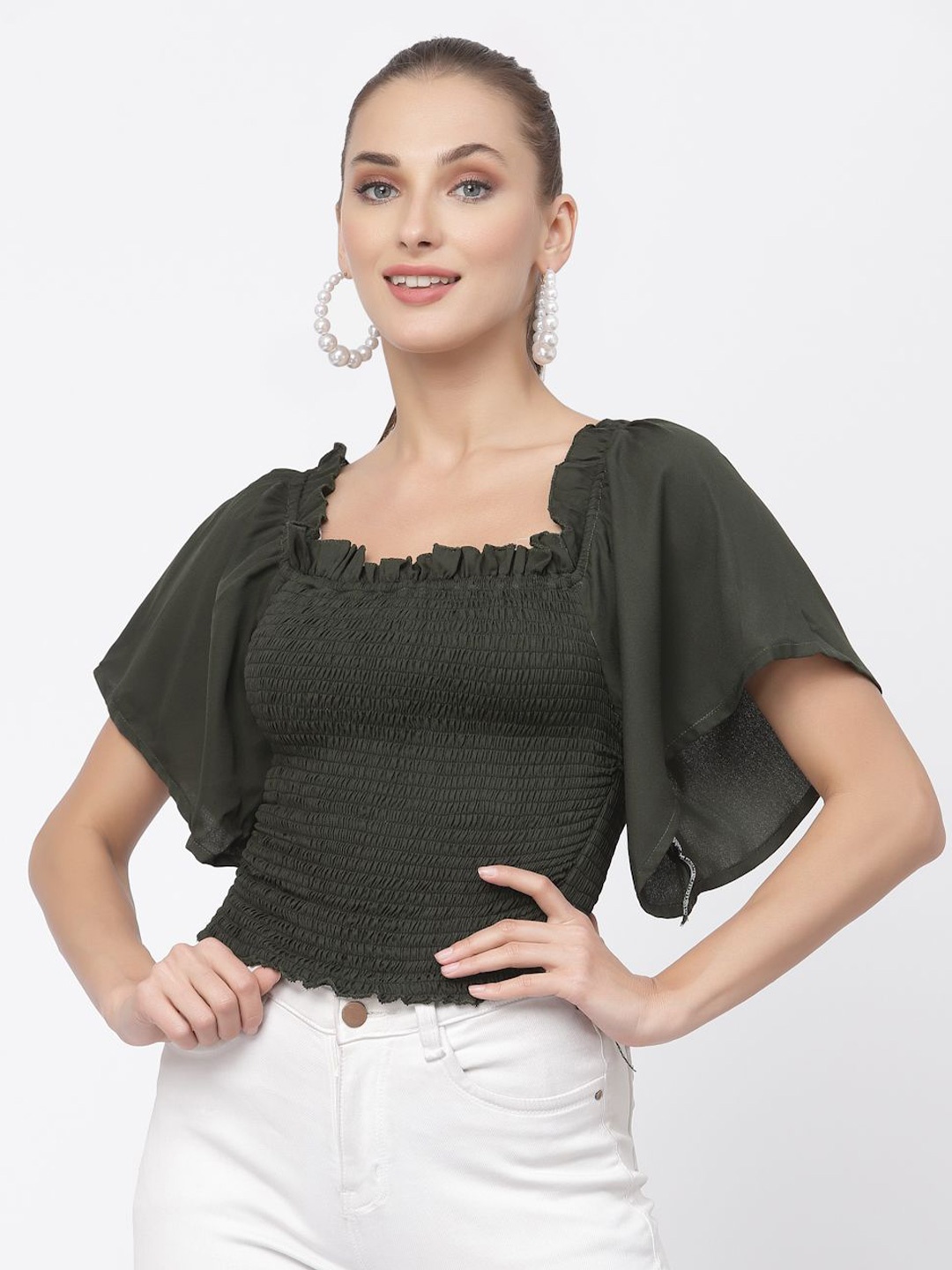 

DELIS Bell Sleeve Monochrome Georgette Blouson Crop Top, Green