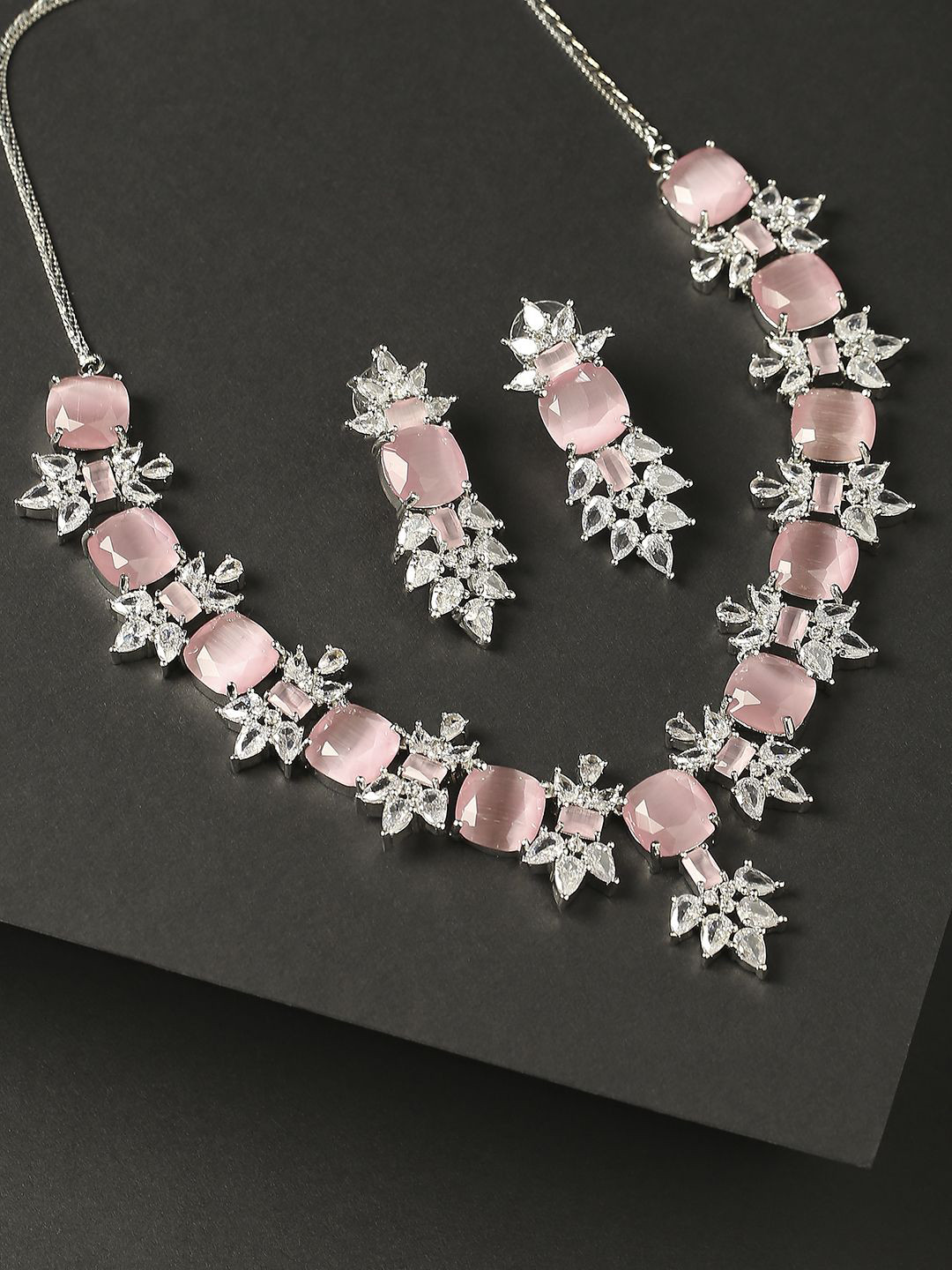 

fabula Opal American Diamond Square Drop Pendant Necklace Set with Drop Earrings, Silver