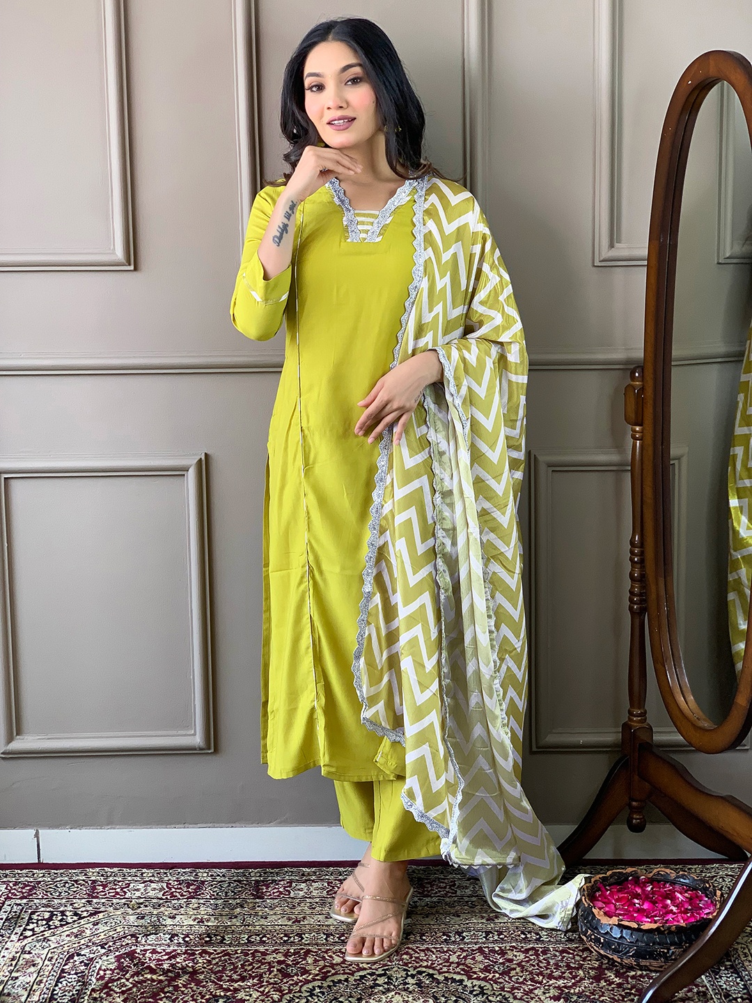 

KALINI Floral Embroidered Yoke Design V-Neck Straight Kurta With Trousers & Dupatta, Yellow