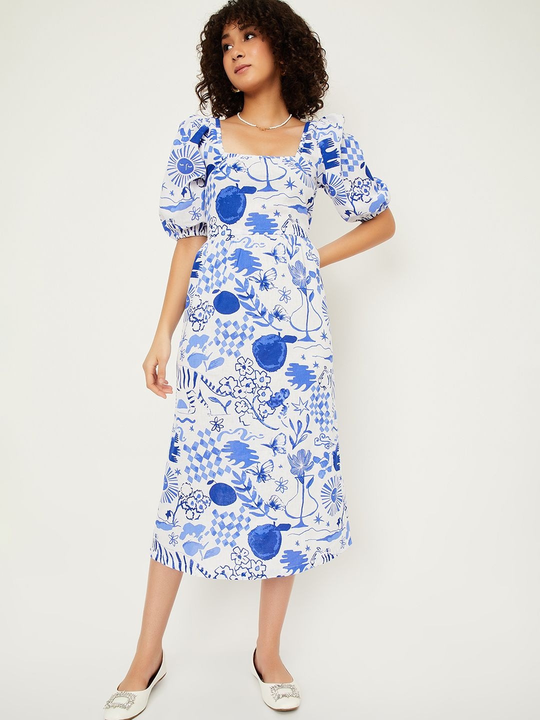 

max Abstract A-Line Square Neck Dress, Blue