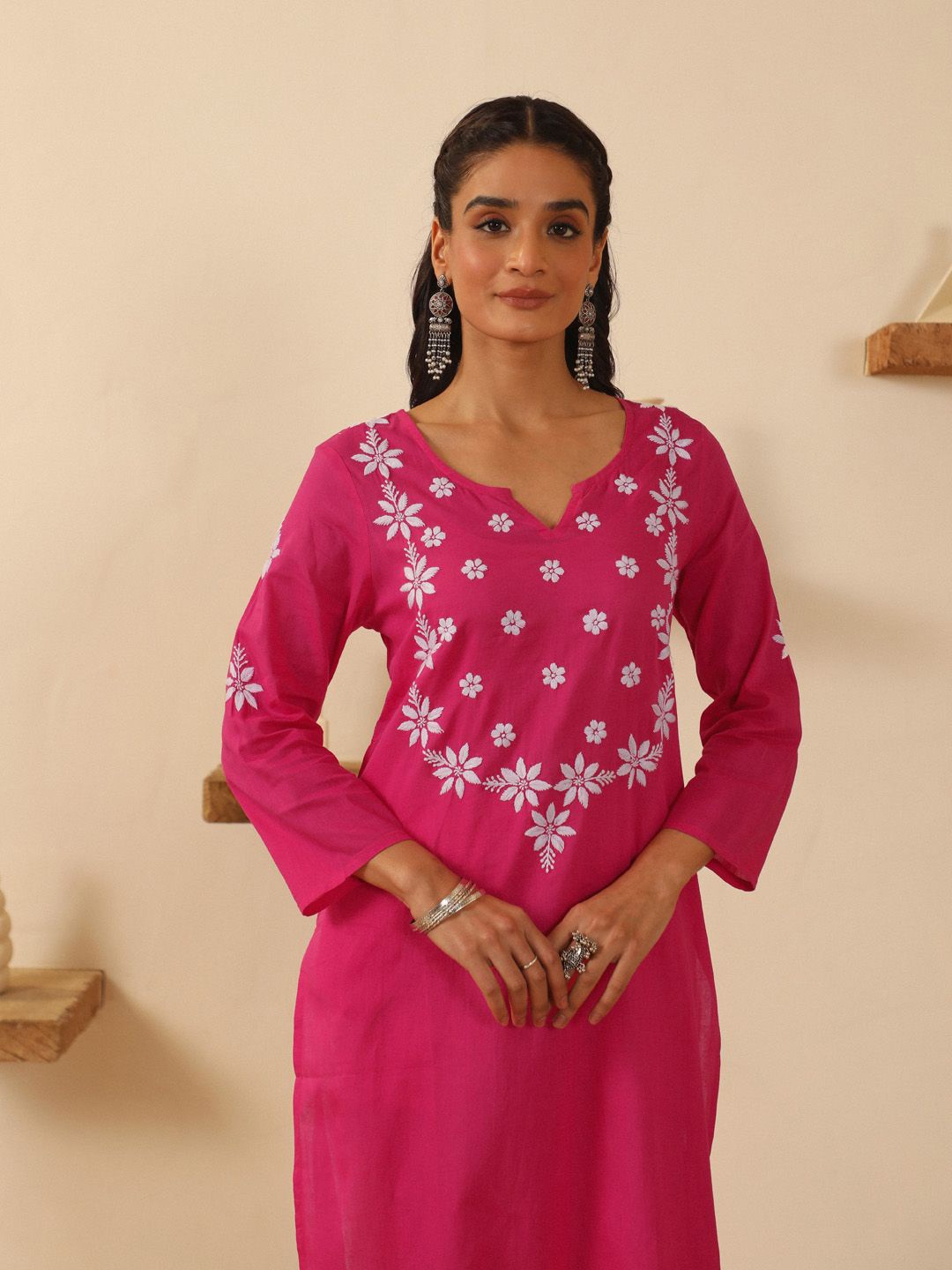 

House of Chikankari Women Ethnic Motifs Embroidered Flared Sleeves Chikankari Kurta, Pink