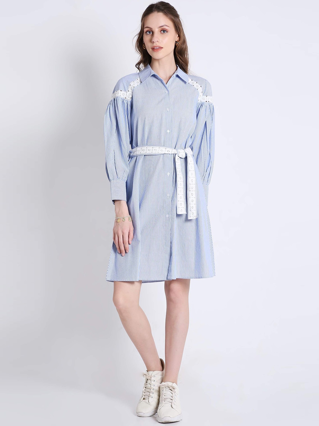 

French Theory Women Striped Cotton Shirt Midi Dress, Blue