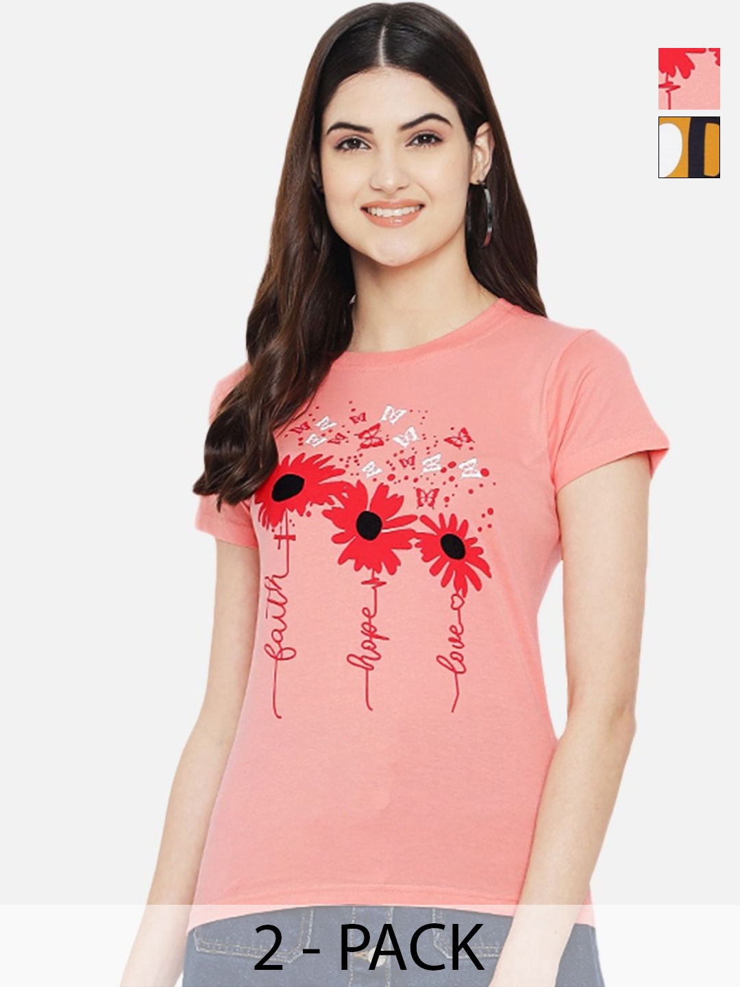 

Dreambe Women Pack Of 2 Graphic Printed Round Neck Cotton T-shirts, Mustard