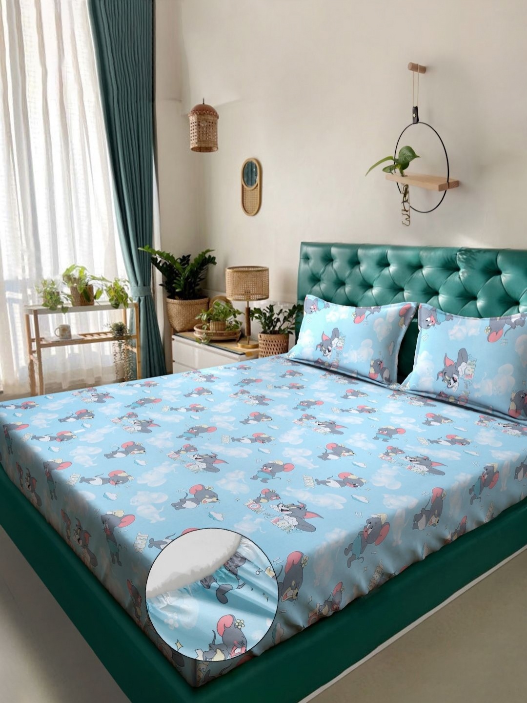 

KLOTTHE Blue & Grey Printed Fitted 400TC Pure Cotton King Bedsheet With 2 Pillow Covers