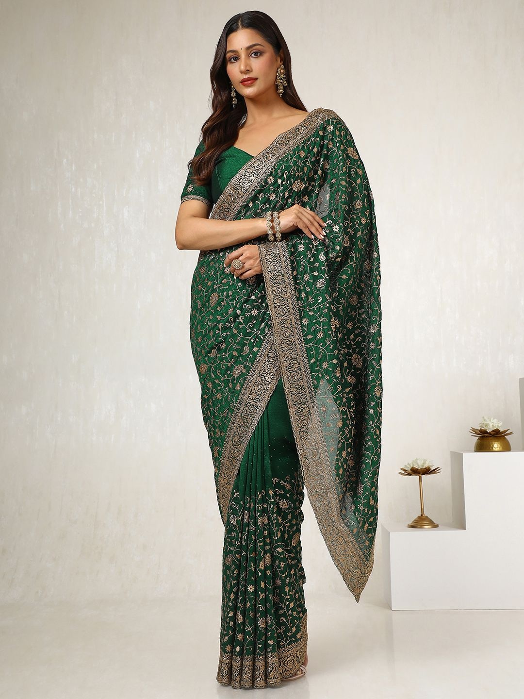 

Soch Embellished Beads and Stones Tussar Saree, Green