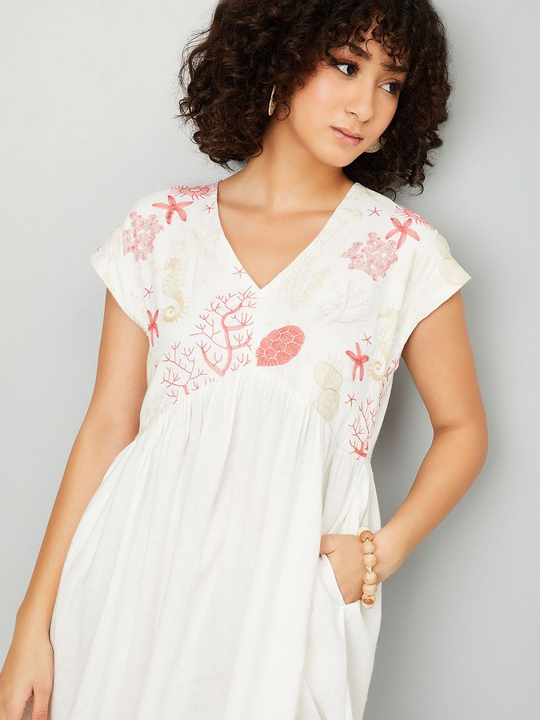 

max Embroidered V-Neck Empire Dress, Beige