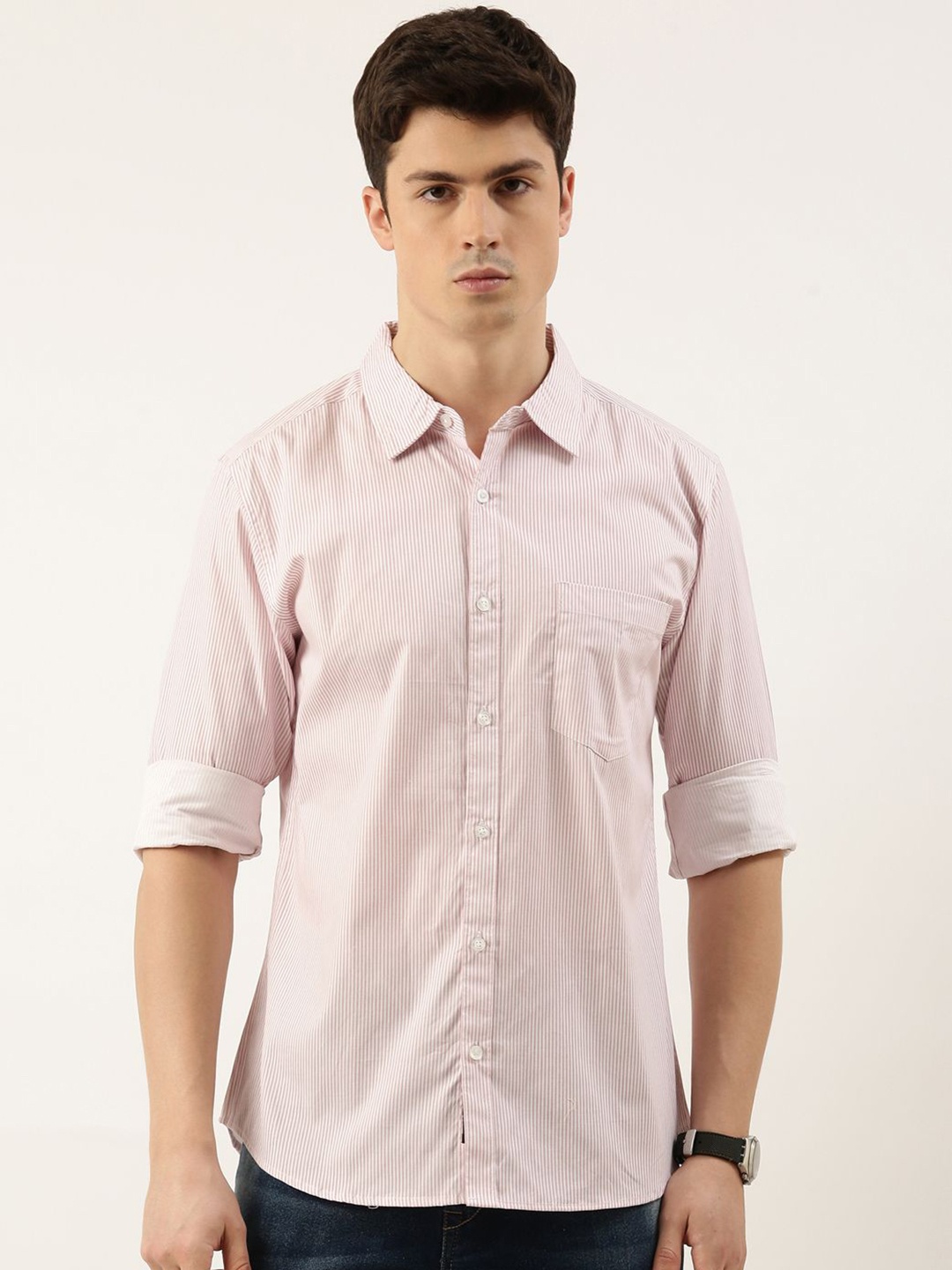 

Metronaut Men Spread Collar Vertical Striped Cotton Casual Shirt, Pink