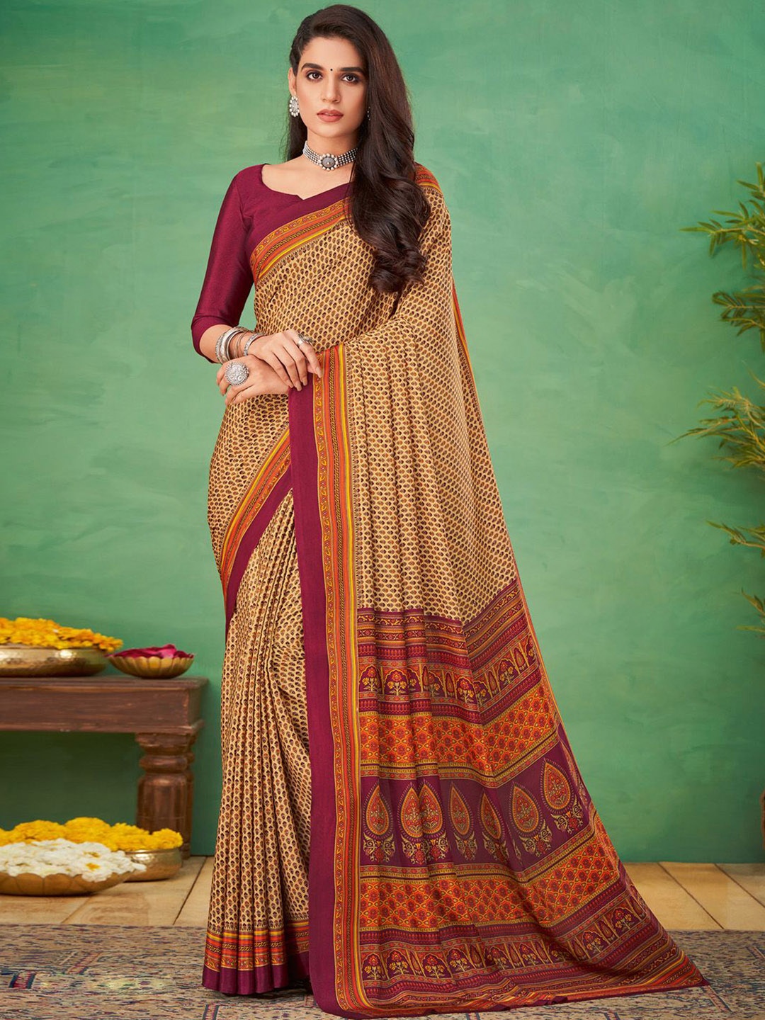 

Anouk Rustic Batik Poly Crepe Bagru Saree, Beige