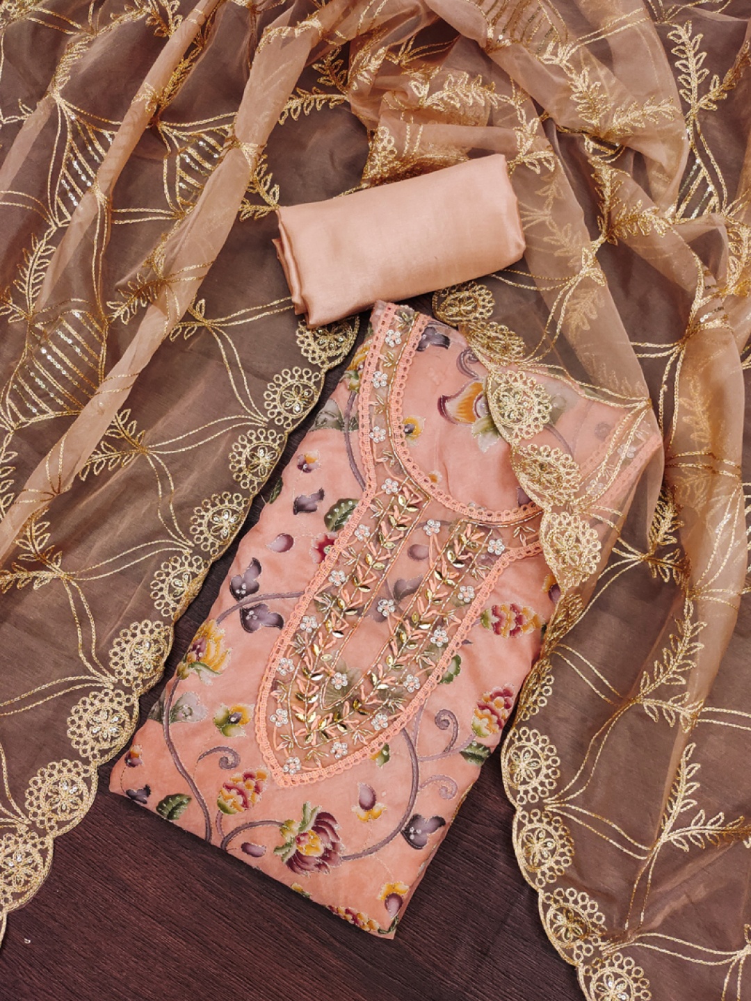 

ASISA Floral Printed Beads And Stones Unstitched Dress Material, Peach
