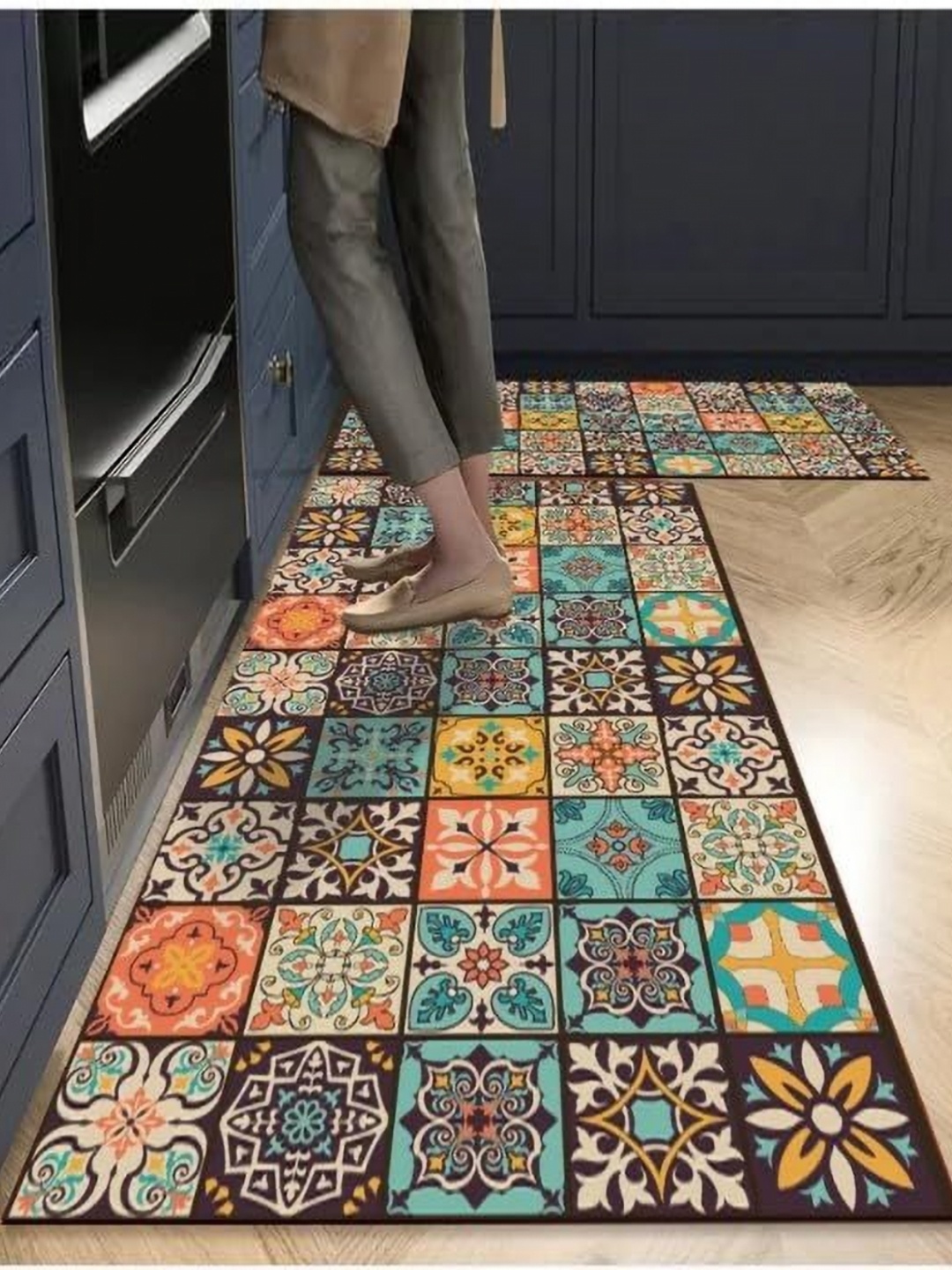 

HomeCloud 2-Pcs Brown & Green Geometric Printed Anti Skid Rectangular Kitchen Mats