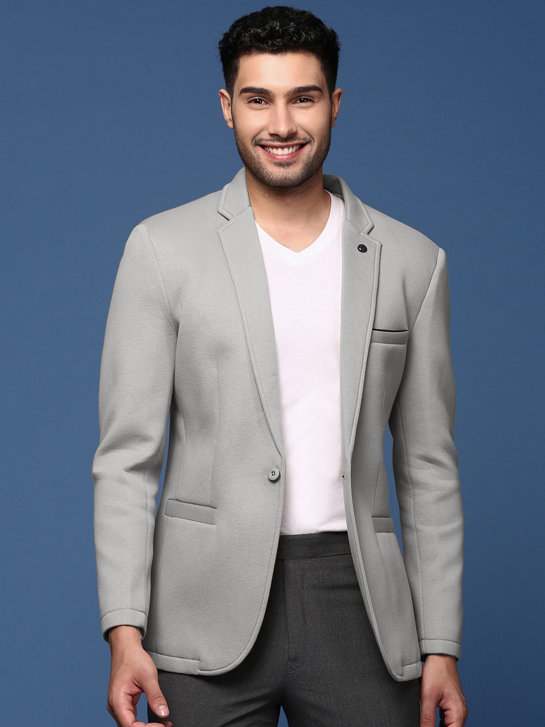 

SHOWOFF Notched Lapel Collar Cotton Singel-Breasted Blazer, Grey