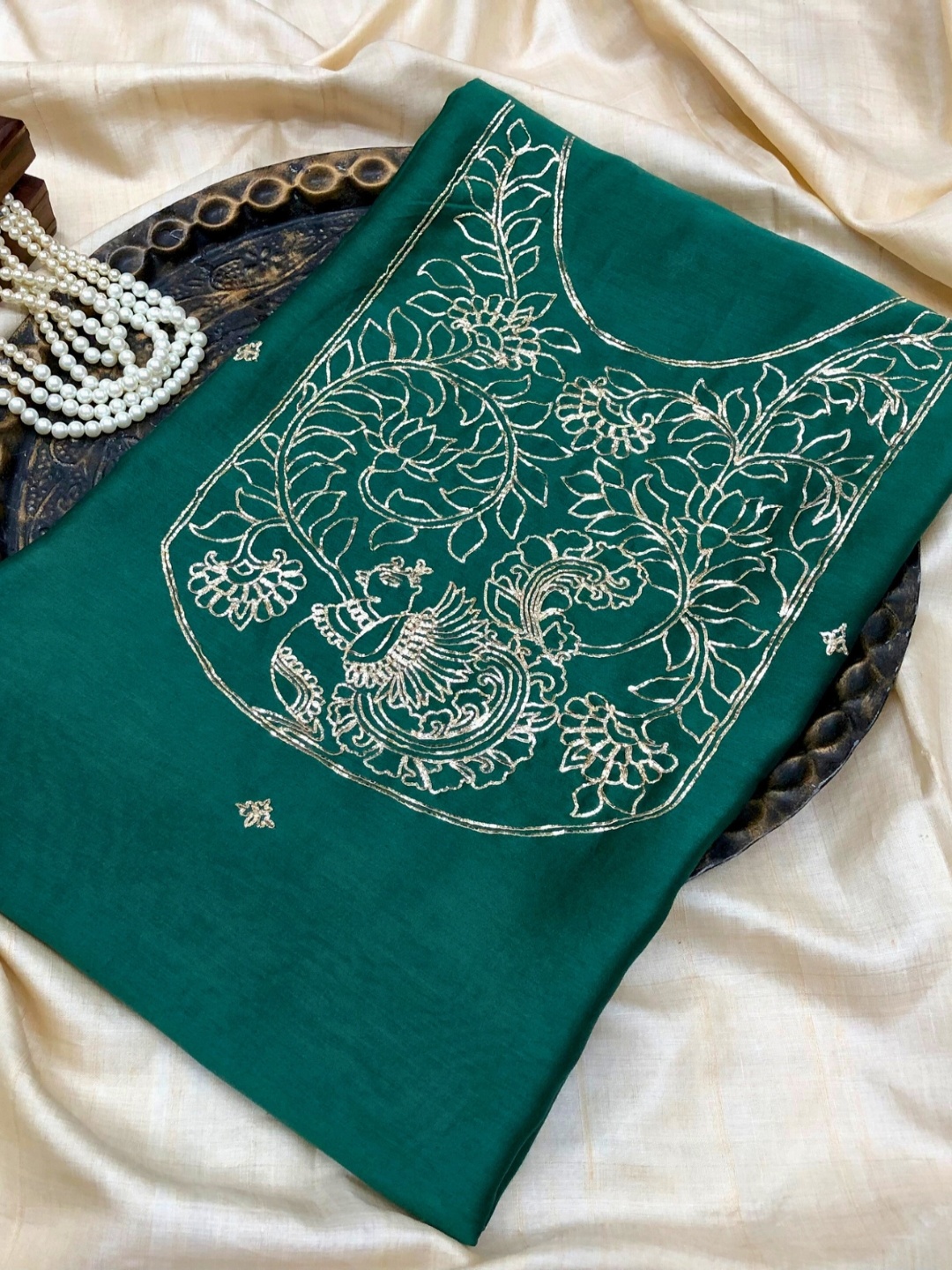 

PALASH Floral Embroidered Pure Silk Unstitched Kurta Material, Green