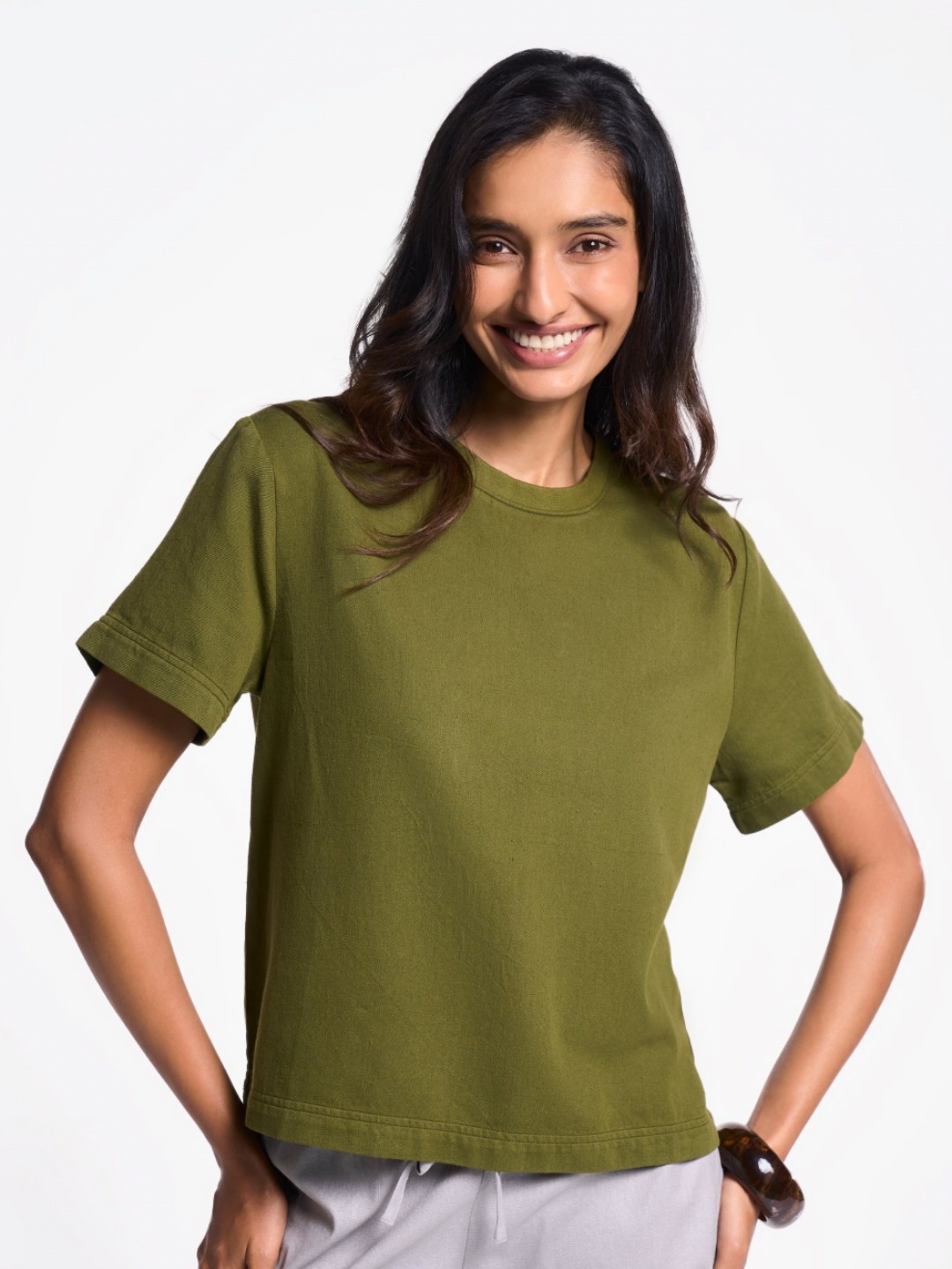 

Terra Luna Women Solid Round Neck Cotton Relaxed Fit T-shirt, Olive