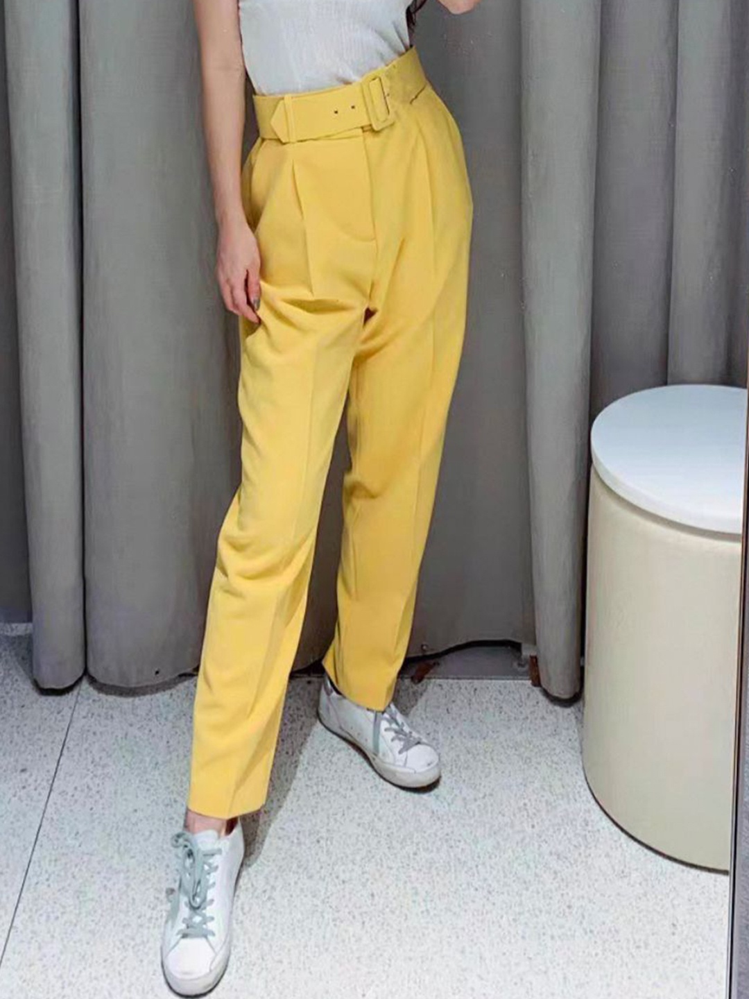 

MADE FOR HER LABEL Women Straight Fit High-Rise Trousers, Yellow