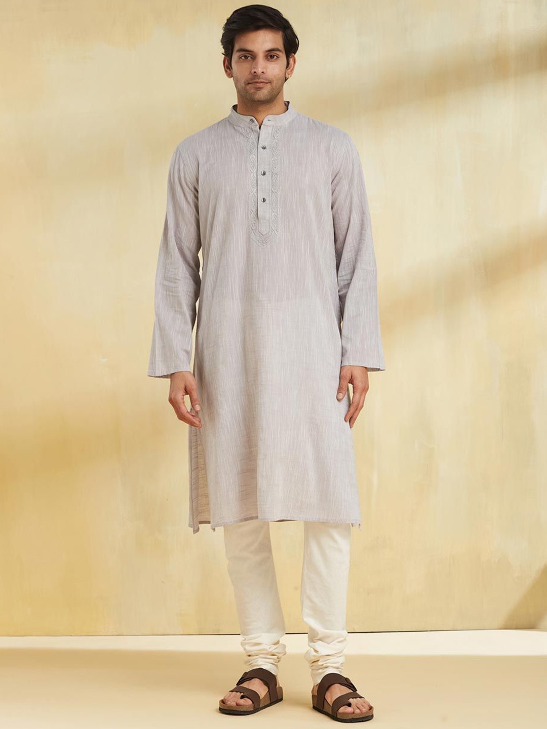 

Fabindia Floral Embroidered Band Collar Cotton Straight Kurta, Grey