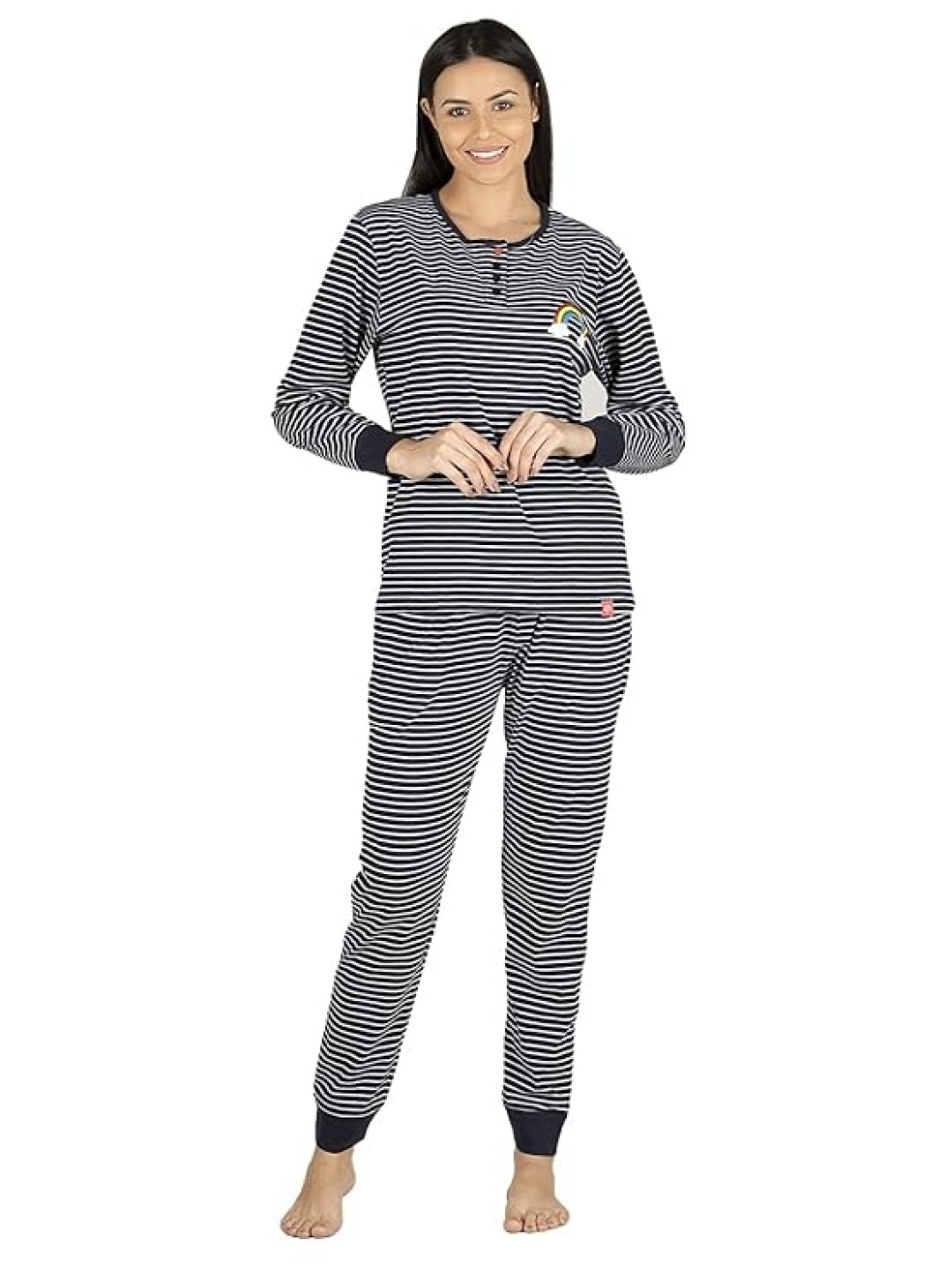 

evolove Women Striped Pure Cotton Night suit, Navy blue