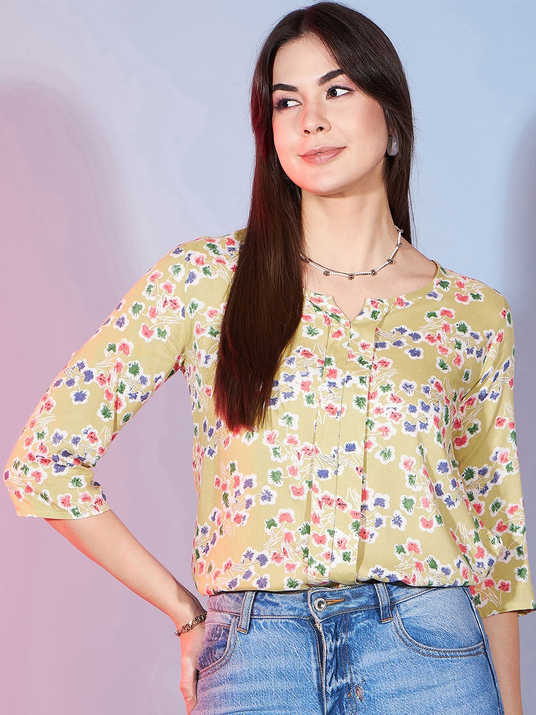 

DressBerry Floral Print Round Neck Top, Green